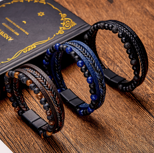 Promotion 49% OFFNatural Stone Obsidian Magnetic Buckle Men's Leather Bracelet