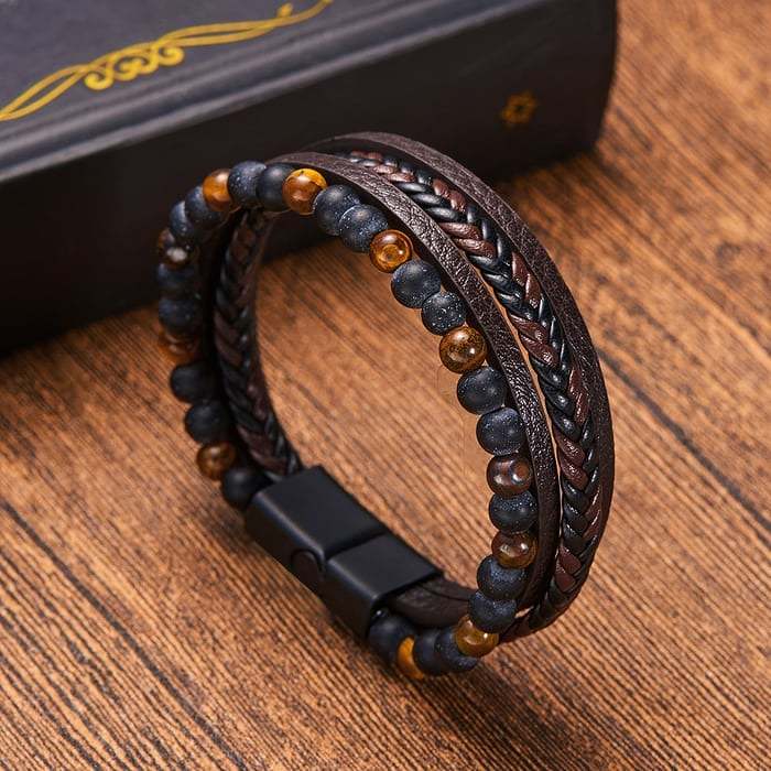 Promotion 49% OFFNatural Stone Obsidian Magnetic Buckle Men's Leather Bracelet