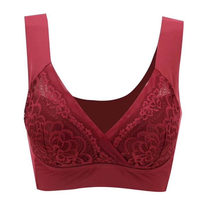 -Plus Size Comfort Extra Elastic Wireless Support Lace Bra