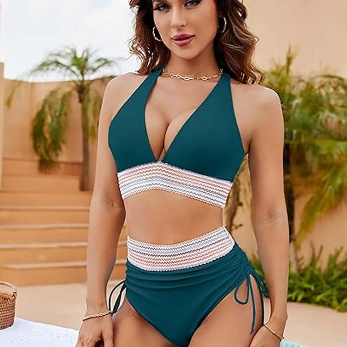 2024 High Waisted Tummy Control Color Block Bikini Sets