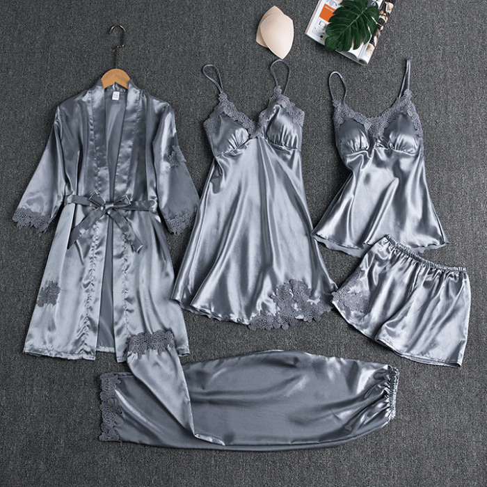 Blushy Silk 5 Piece Pajama Set(Buy 2 Free Shipping)