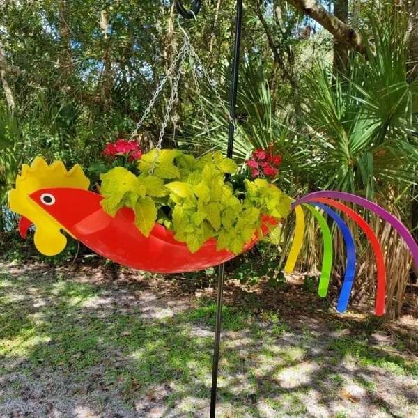 Handmade Bright Colorful Bird Hanging Planter Yard Decor