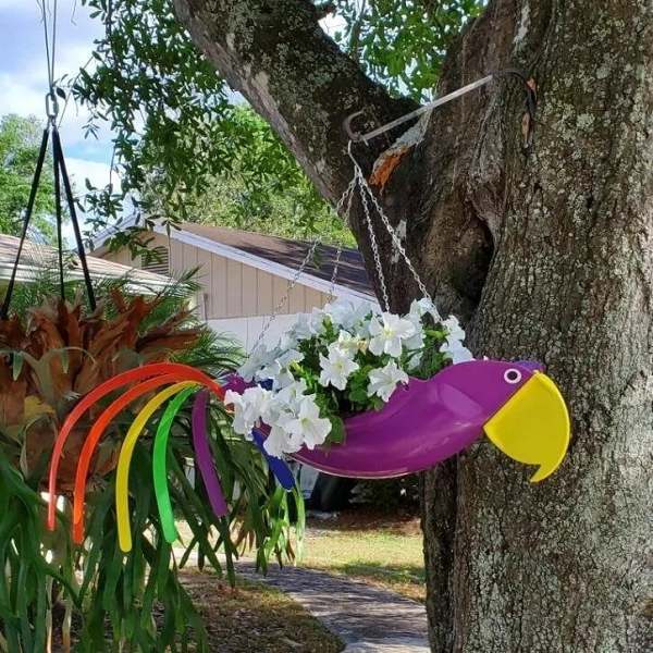 Handmade Bright Colorful Bird Hanging Planter Yard Decor