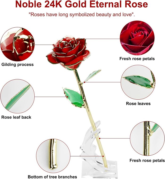 24K Gold Rose, Eternal Rose Handmade Preserved Rose with Stand and Gift Box
