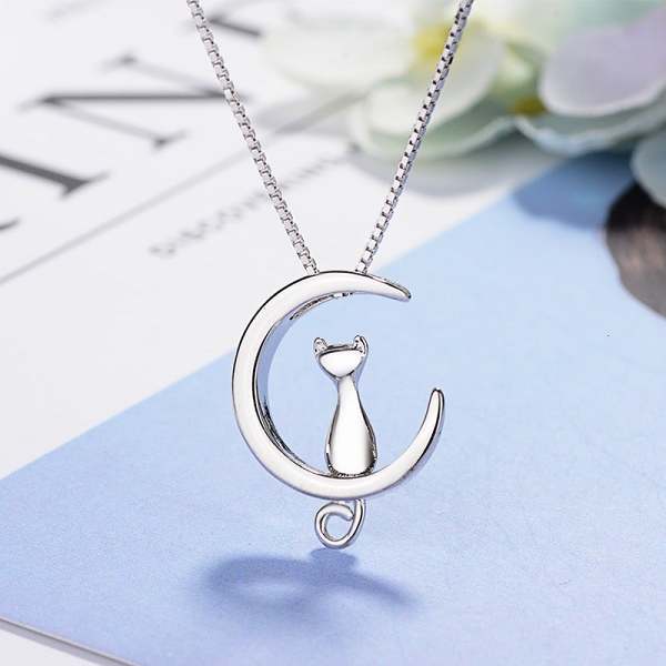 Silver Moon Kitten Cat Necklace