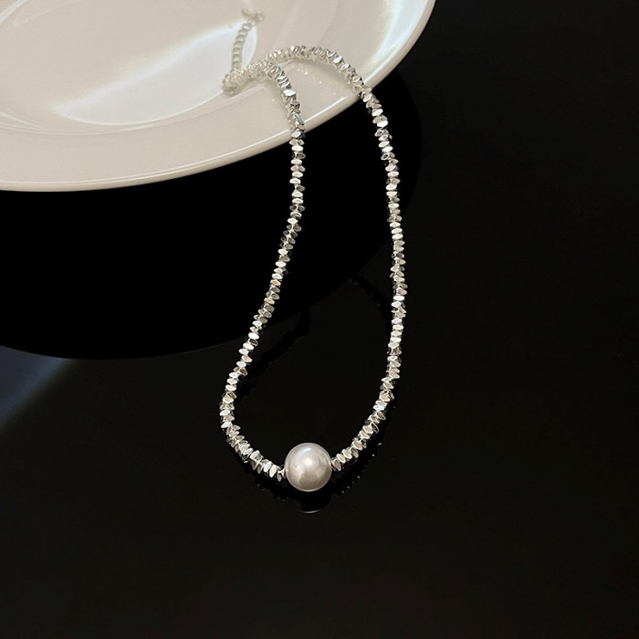 S925 Sterling Silver with Irregular Broken Silver single pearl necklace