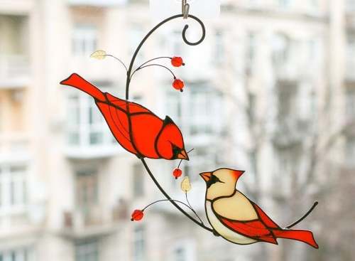 Spring promotion-Pair of Cardinal bird stained ornament