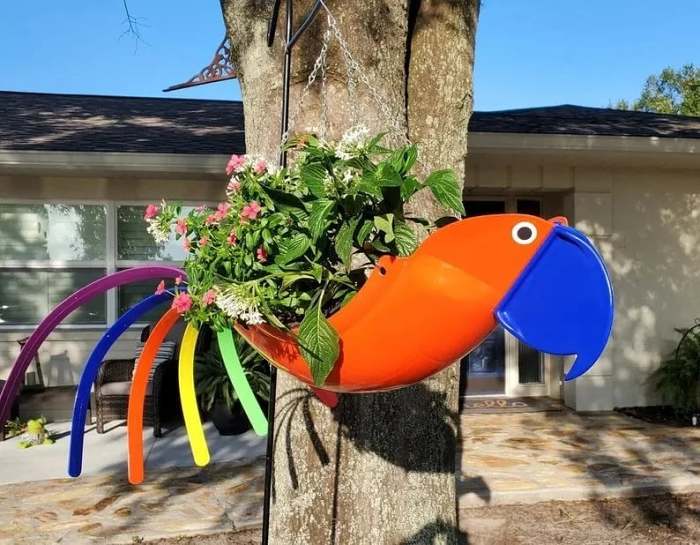Handmade Bright Colorful Bird Hanging Planter Yard Decor