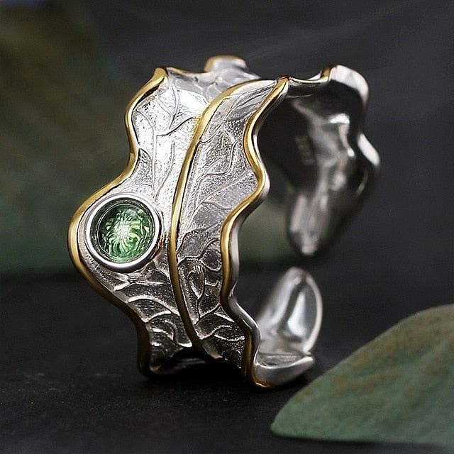 Silver Gemstones Peony Leaf Ring