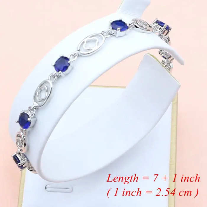 925 Silver Bridal Set - Blue Sapphire & Crystal Earrings, Ring, Bracelet & Necklace