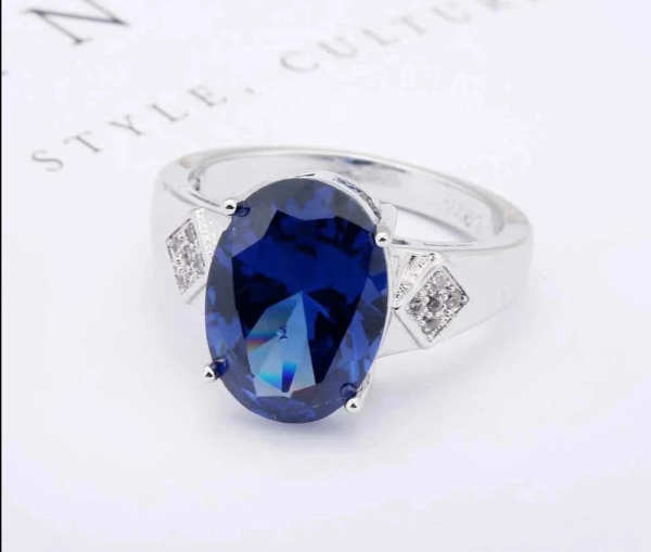 Oval Blue Zircon 925 Silver Ring - High-End Women's Costume Jewelry
