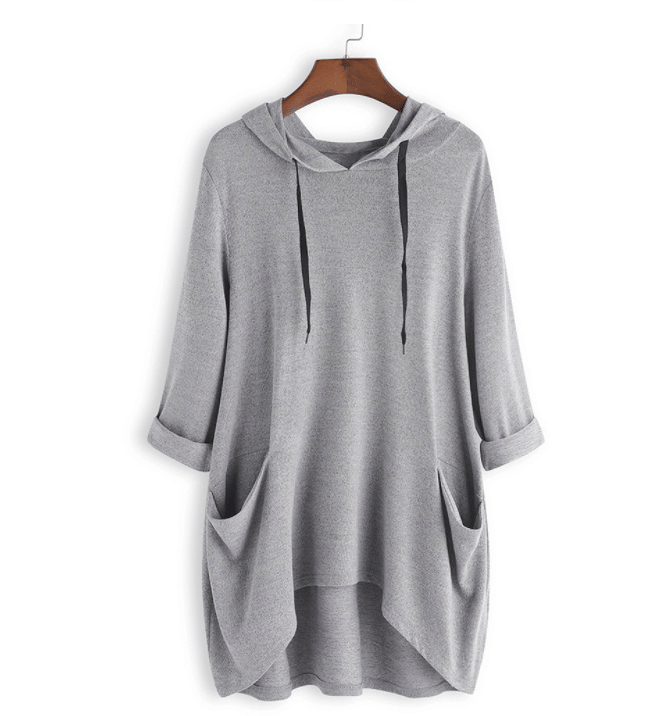Women's Hooded Solid Color Loose Sweatshirt, Irregular Pocket Top