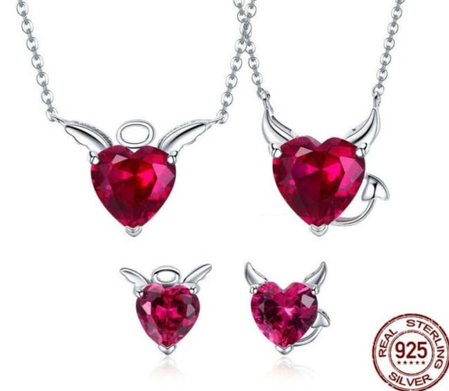 Red Evil And Angel Pendant Necklace Earrings Set