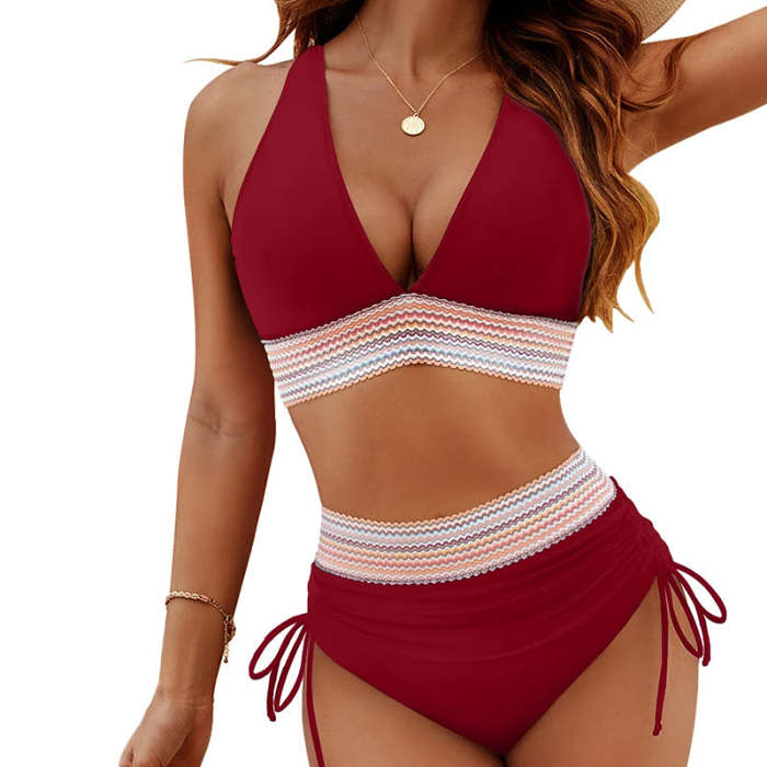 2024 High Waisted Tummy Control Color Block Bikini Sets