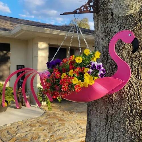 Handmade Bright Colorful Bird Hanging Planter Yard Decor