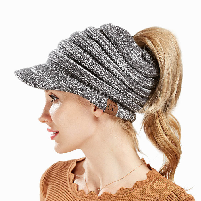 Warm Knitted High Bun Ponytail Visor Beanie