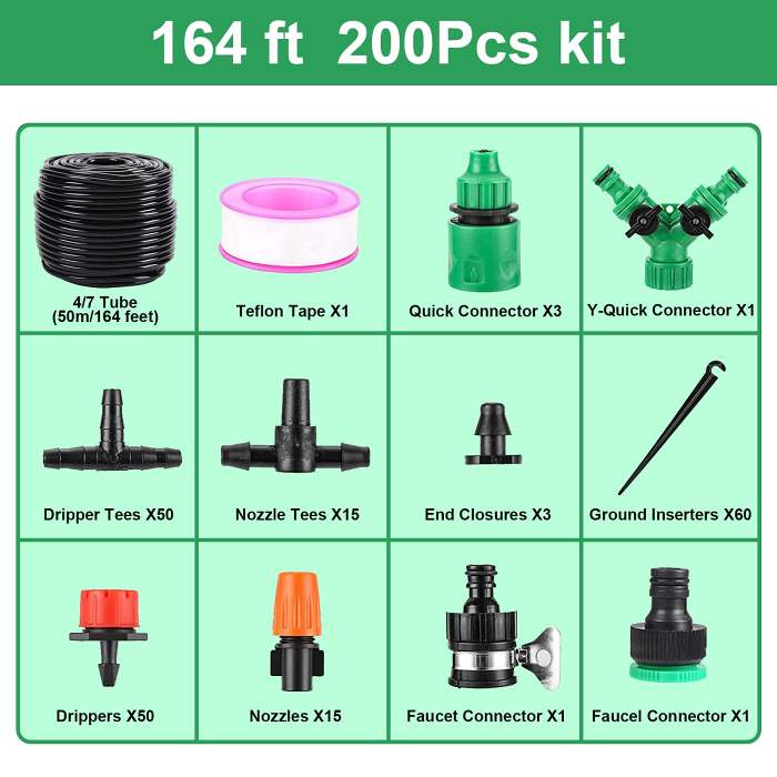 Garden Drip Irrigation Kit,164FT Greenhouse Micro Automatic Drip Irrigation System Kit With Blank Distribution Tubing Hose Adjustable Patio Misting Nozzle Emitters Sprinkler Barb