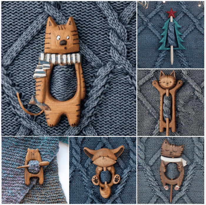 Brooch pin with wooden animal pattern (sweater clip)