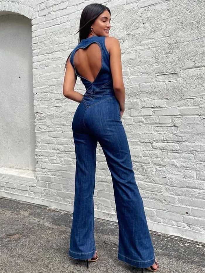 Backless Heart Cutout Denim Jumpsuit For Women