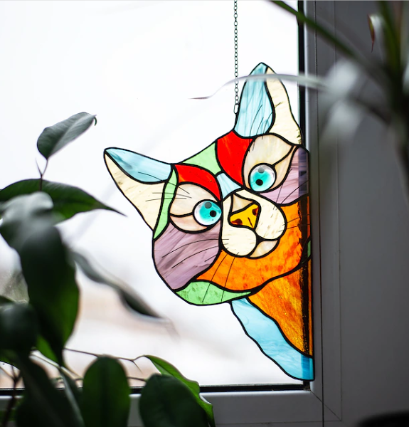 (CHRISTMAS SALE-48% OFF)Stained Glass-Peeking Cat and Santa(Bu