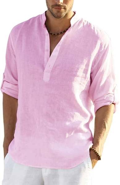 2024 Men's Cotton Linen Henley Shirt Long Sleeve Hippie Casual Beach T Shirts