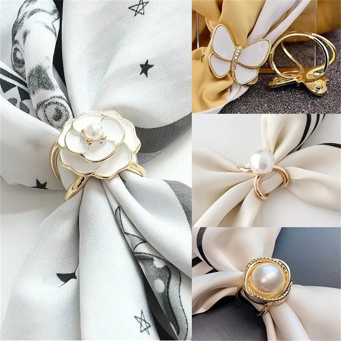 Women's Elegant Pearl Floral Scarf Ring Clip
