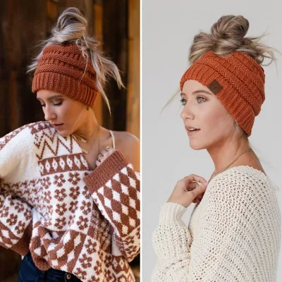 Winter Soft Knit Ponytail Bun Beanie Hat