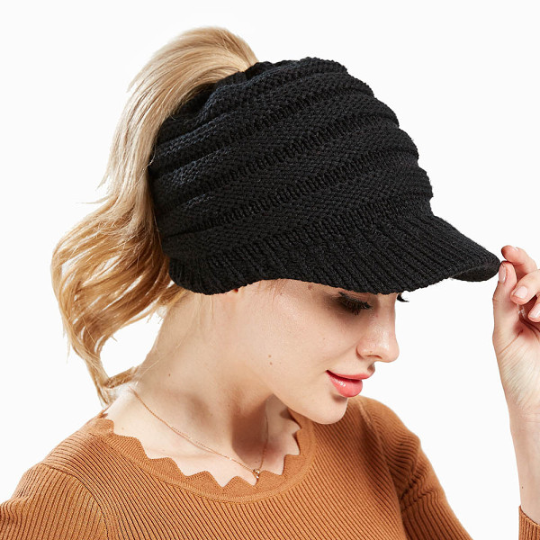 Warm Knitted High Bun Ponytail Visor Beanie