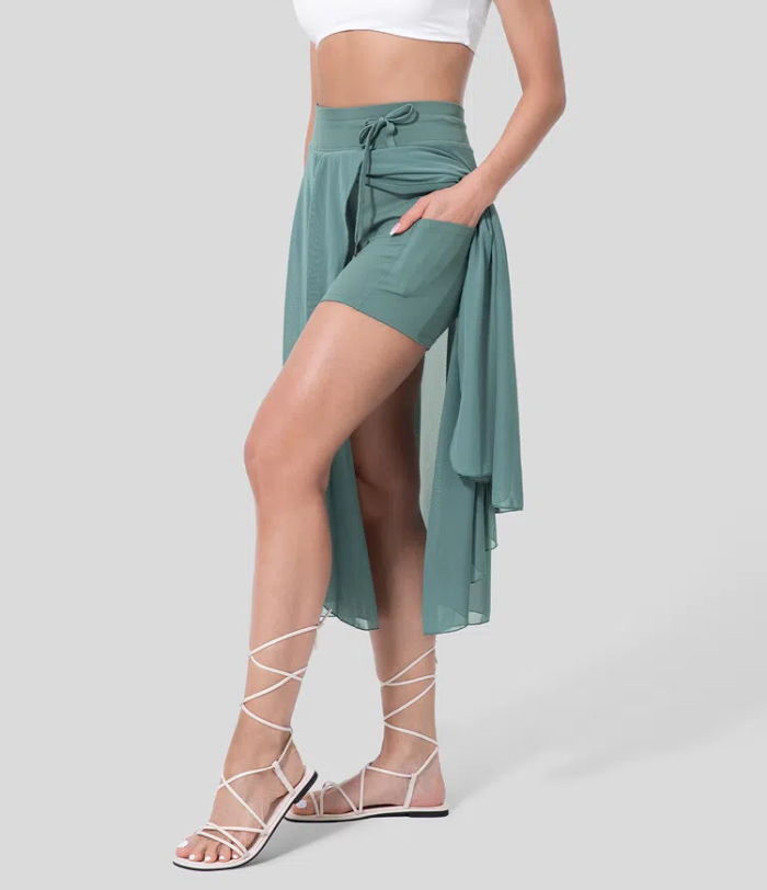 HOT SALEHigh Waisted Drawstring Contrast Mesh 2-in-1 Side Pocket F