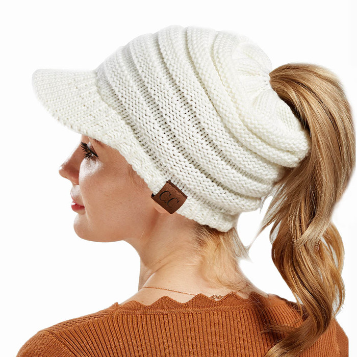 Warm Knitted High Bun Ponytail Visor Beanie