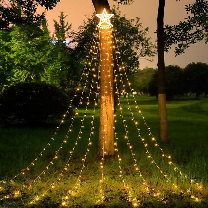 Outdoor Christmas Decorations Solar Powered Star Light,Waterfall Tree Lights with Topper Star String Lights