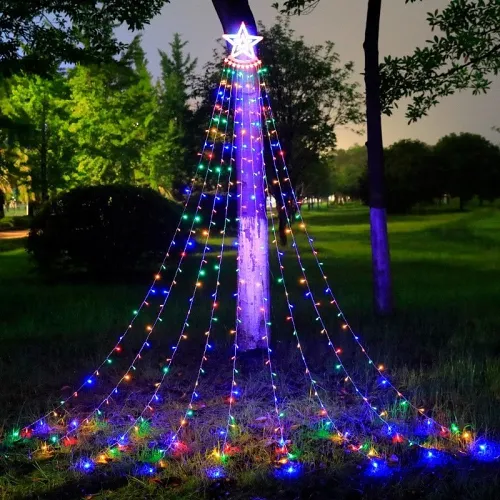 Outdoor Christmas Decorations Solar Powered Star Light,Waterfall Tree Lights with Topper Star String Lights