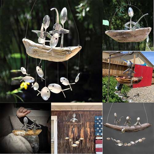 Handcrafted Fisherman's Spoon Fish Sculpture Wind Chime