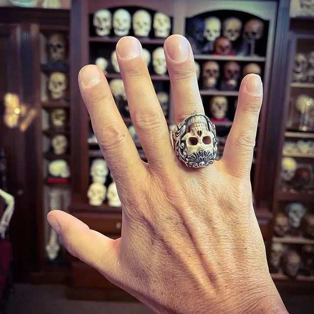 Vintage Polish Floral Armor Antler Skull Ring