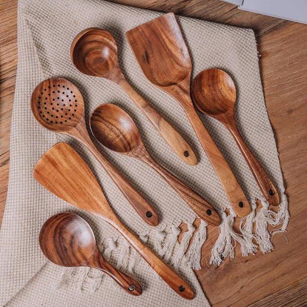 ON SALENatural Teak Wood Utensil Set 70% OFF Flash Sale