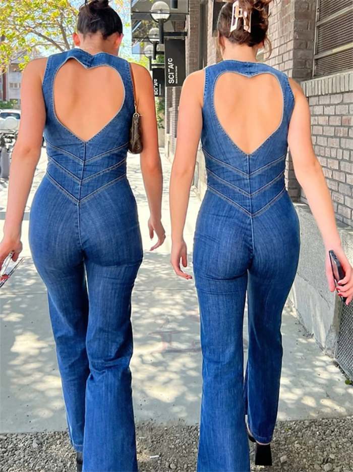 Backless Heart Cutout Denim Jumpsuit For Women