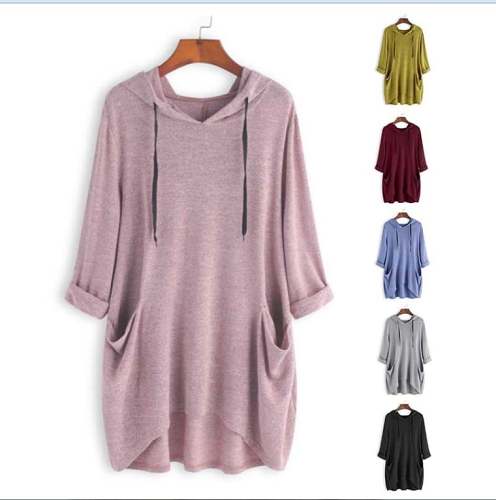 Women's Hooded Solid Color Loose Sweatshirt, Irregular Pocket Top