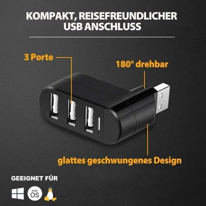 Multifunctional mini rotatable 3-port USB port