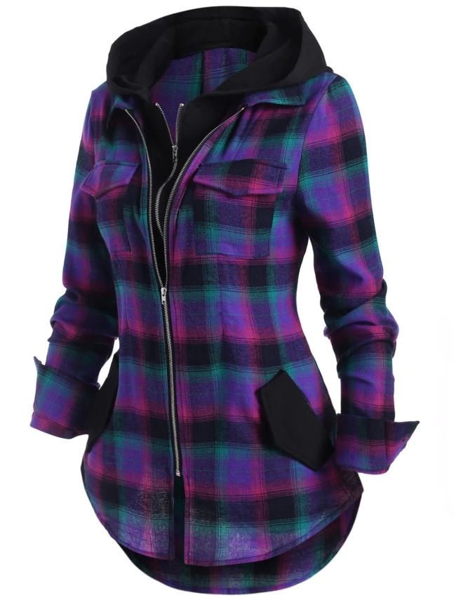 Double Zipper Plaid Pocket Hooded Shirt Jacket