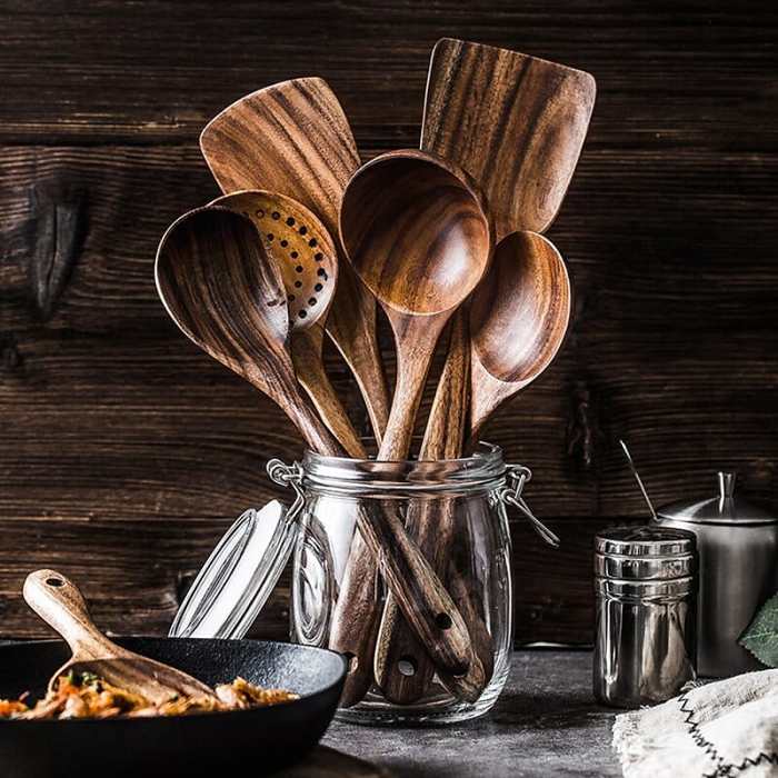 ON SALENatural Teak Wood Utensil Set 70% OFF Flash Sale