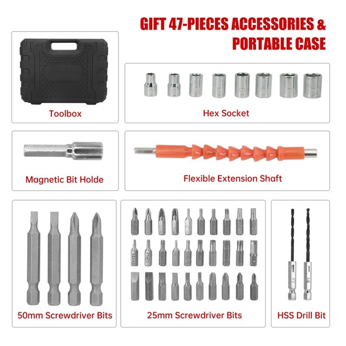 Rechargeable Electric Screwdriver Portable Set With 47 pcs Accessories