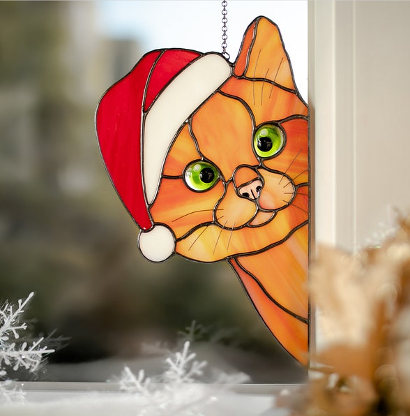 (CHRISTMAS SALE-48% OFF)Stained Glass-Peeking Cat and Santa(Bu