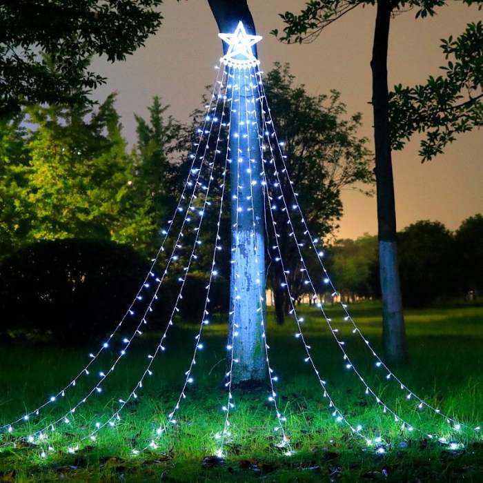 Outdoor Christmas Decorations Solar Powered Star Light,Waterfall Tree Lights with Topper Star String Lights