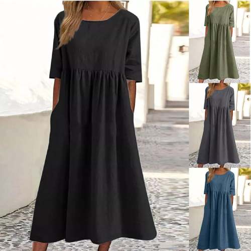 Hot Sale 49% OFFWomen's Casual Basic Outdoor Crew Neck Pocket Smocked Cotton Dress