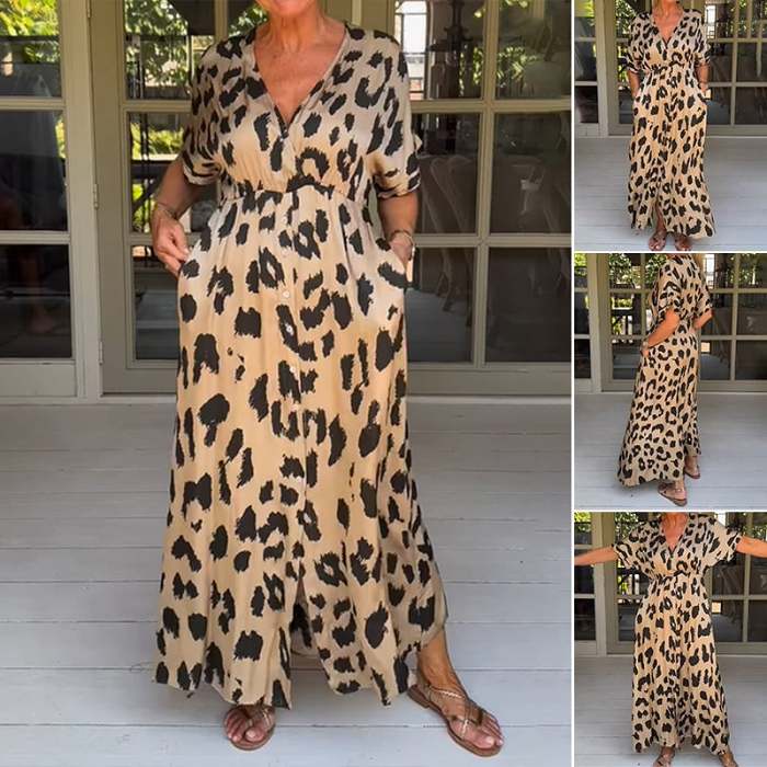 Loose Leopard V-Neck Maxi DressFree Shipping