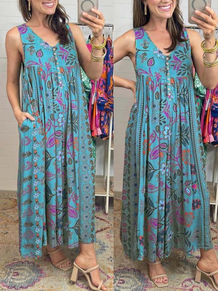 Hot Sale - 49% OFFVintage floral print loose sleeveless jumpsuit