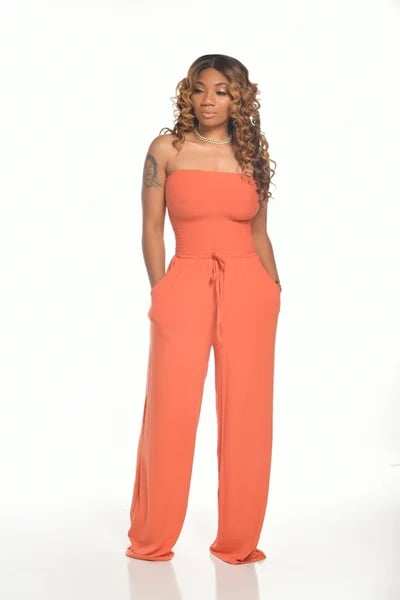Off Shoulder Solid Color Smocked Jumpsuit