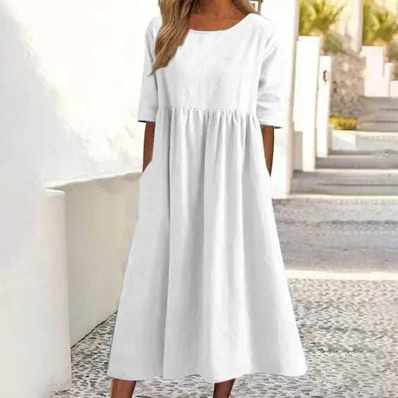 Hot Sale 49% OFFWomen's Casual Basic Outdoor Crew Neck Pocket Smocked Cotton Dress
