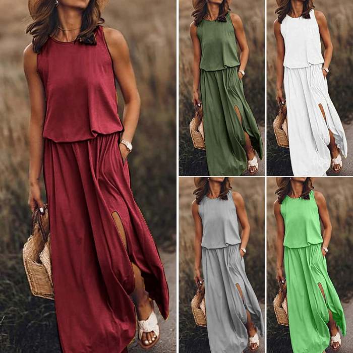 Summer Hot Sales - 49% OFFWomen Sleeveless Solid Round Neck Summer Maxi Dress