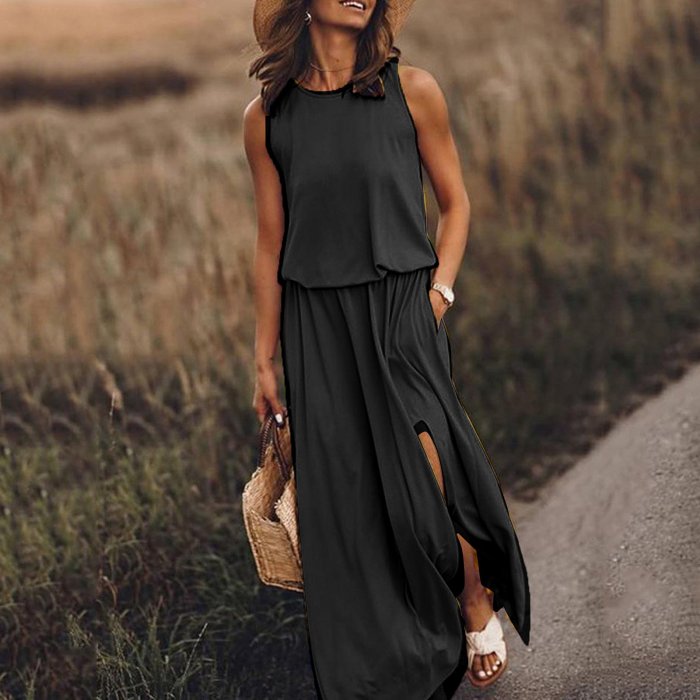 Summer Hot Sales - 49% OFFWomen Sleeveless Solid Round Neck Summer Maxi Dress